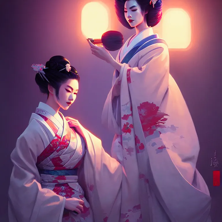 Image similar to pretty geisha, d & d digital painting, ultra realistic, beautiful, volumetric lighting, cell shading, by james jean, greg rutkowski, wlop