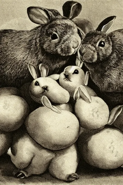 Image similar to fat rabbits with oranges vintage photograph