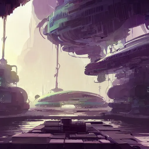 Image similar to black market artificial island, platform floating in abyssal space, atmosphere dome, mega construction, style theo prins