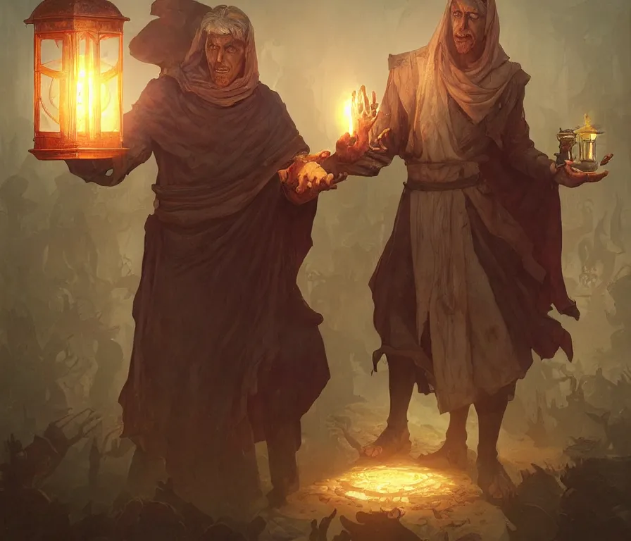 Image similar to male senior cleric holding a lantern surrounded by zombies, highly detailed, digital painting, artstation, concept art, smooth, sharp focus, illustration, art by artgerm and greg rutkowski and alphonse mucha and andrei riabovitchev