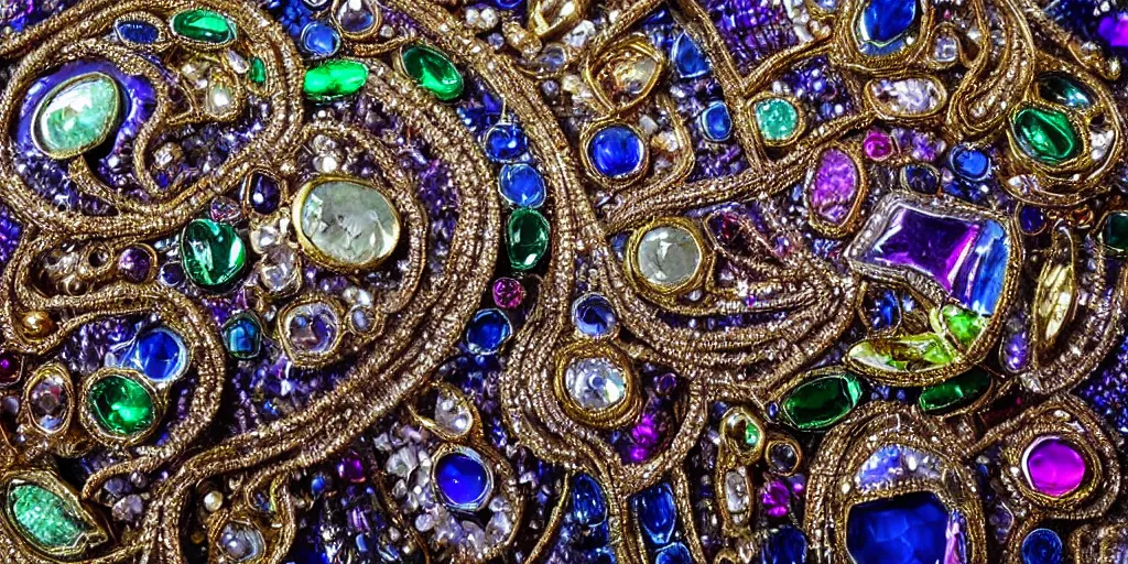 Prompt: an incredibly hyper realistic photorealistic polished multifaceted organic superstructure encrusted with fine detailed intricate priceless gems & jewels with liquid metals flowing throughout reflecting volumetric neon soft glow