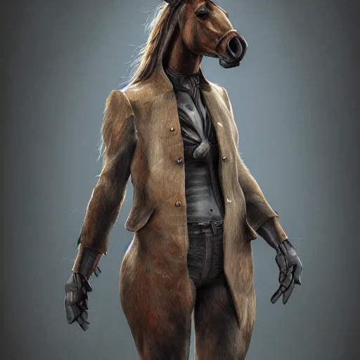 Image similar to concept art of hybrid human and horse, anthropomorphic horse wearing a coat, digital art, photo realistic, highly detailed