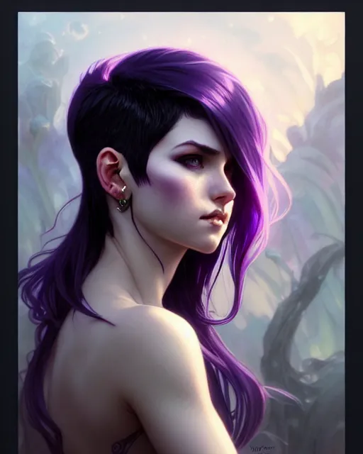 Image similar to fantasy portrait, pixie undercut hairstyle, black to purple fade hair color, intricate, elegant, sharp focus, illustration, highly detailed, digital painting, concept art, matte, art by WLOP and Artgerm and Greg Rutkowski and Alphonse Mucha, masterpiece