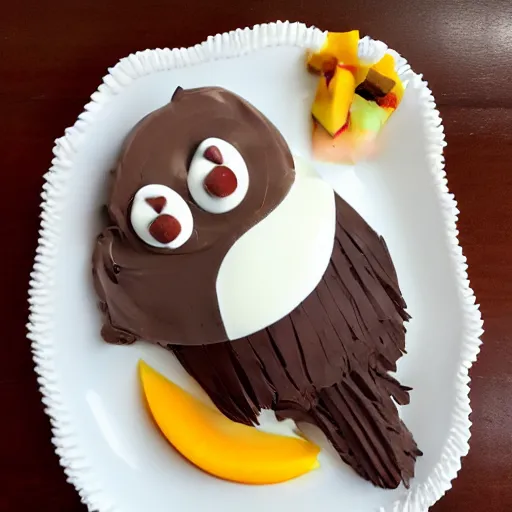 Image similar to a bald eagle made of chocolate powder, mango, and whipped cream