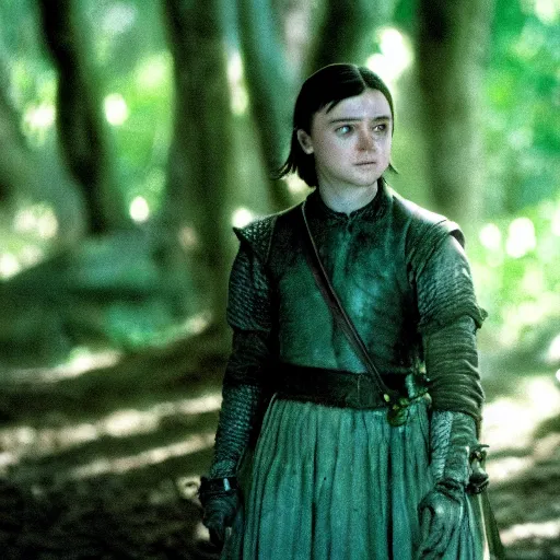 Prompt: arya stark in The Emerald Forest(1985)