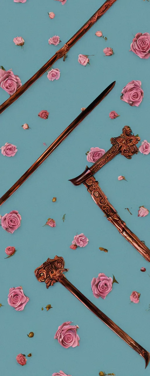 Prompt: copper sword, cyan roses