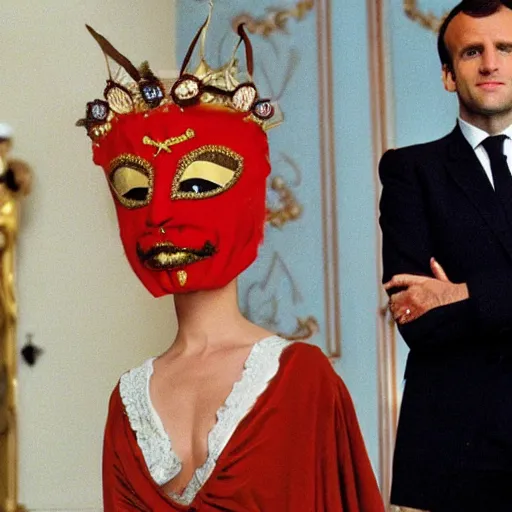 Image similar to Emmanuel Macron wearing a venitian mask, in Eyes Wide Shut (1999)