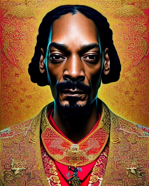 Image similar to portrait of snoop dogg, machine face, upper body, decorated with chinese opera motifs, asian, traditional chinese art, intricate, elegant, highly detailed, digital painting, artstation, concept art, smooth, sharp focus, illustration, art by artgerm and greg rutkowski and alphonse mucha, 8 k