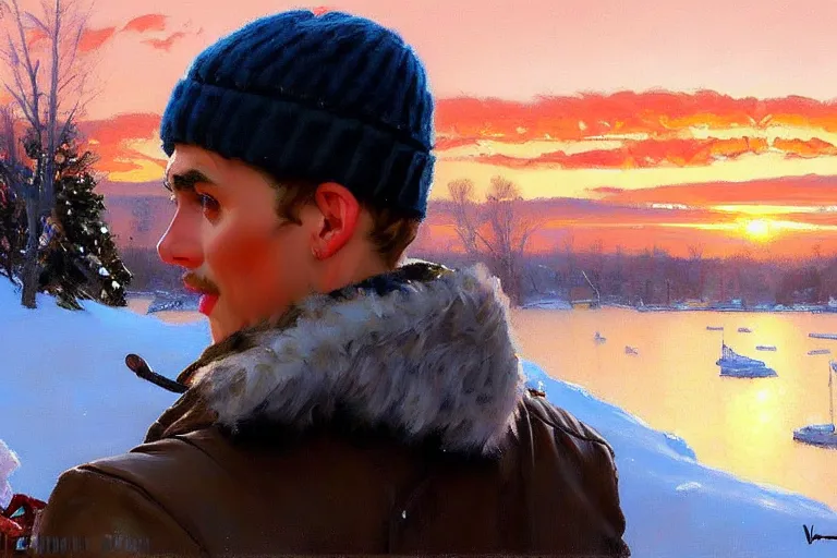 Prompt: attractive man chatting, winter, sunset, painting by vladimir volegov, norman rockwell, tom of finland, trending on artstation