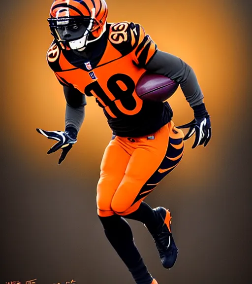 Prompt: highly detailed portrait of ja'marr chase cincinnati bengals football, orange & black uniform with # 1 printed, unreal engine, fantasy art by greg rutkowski, loish, rhads, ferdinand knab, makoto shinkai and lois van baarle, ilya kuvshinov, rossdraws, tom bagshaw, global illumination, radiant light, detailed and intricate environment