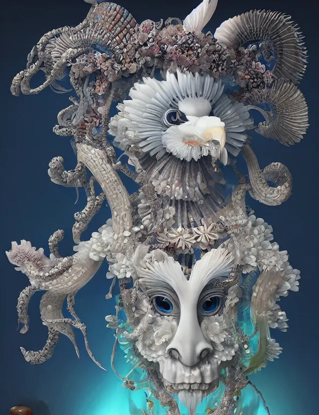 Image similar to 3 d goddess bottom - up with ram skull. beautiful intricately detailed japanese crow kitsune mask and clasical japanese kimono. betta fish, jellyfish phoenix, bio luminescent, plasma, ice, water, wind, creature, artwork by tooth wu and wlop and beeple and greg rutkowski