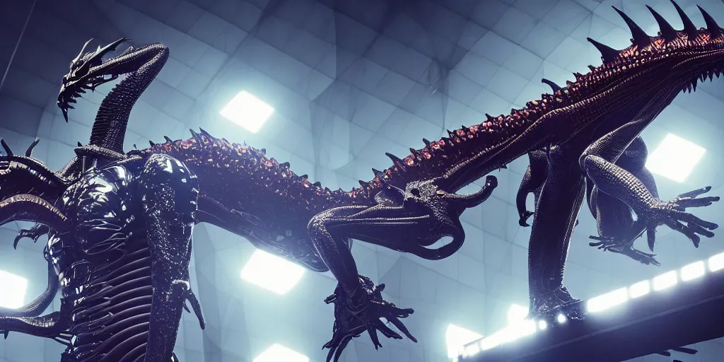 Image similar to star base, walking down the catwalk, stage, vogue photo, podium, fashion show photo, iris van herpen, inflateble shapes, masterpiece, guyver, giger, biomechanical details, denis villeneuve, legendary dragon, movie still, cinestill, bokeh, artstation