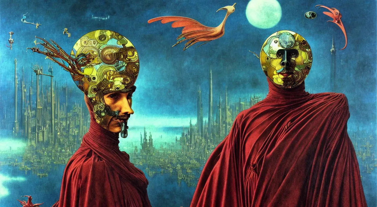 Image similar to realistic detailed portrait movie shot of a birdman wearing dark robes, sci fi city landscape background by denis villeneuve, amano, yves tanguy, alphonse mucha, ernst haeckel, max ernst, roger dean, masterpiece, rich moody colours, blue eyes, occult