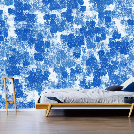 Image similar to interior of a minimal bedroom, abstract painting wallpaper patterns, blue, white, 4 k, photorealist