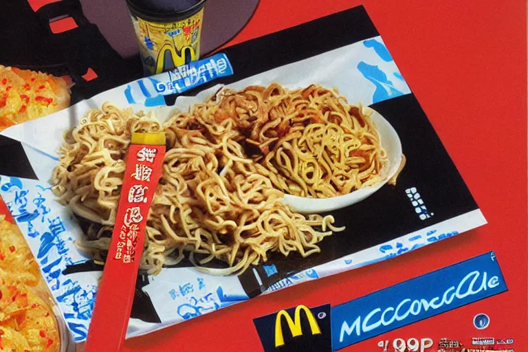 Image similar to mcdonald's yakisoba meal, in 1 9 9 5, y 2 k cybercore, advertisement photo. artwork by craig mullins