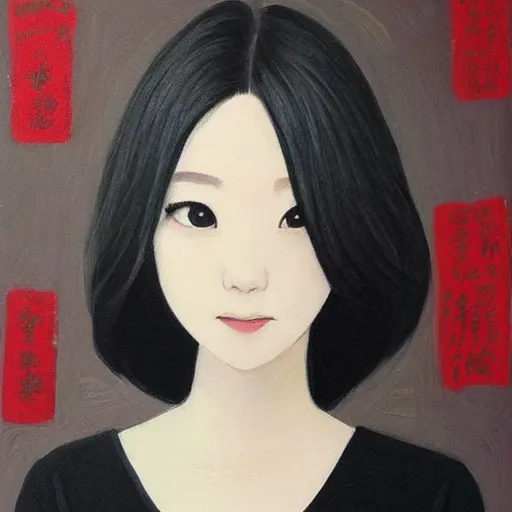 Image similar to a pretty young girl of 2 5, japanese, with big eyes, short shoulder - length hair and a suit ， paintingby sam yang