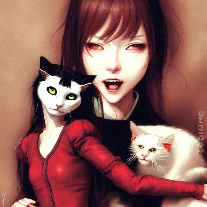 Image similar to renaissance portrait of the secretive vampire girl loner smiling at her cat, by katsuhiro otomo, yoshitaka amano, and artgerm rendered with 3 d effect.