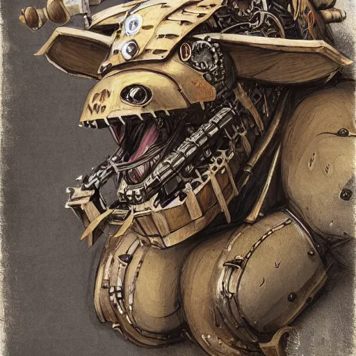 Image similar to portrait of a rampaging ashigaru mecha boar, fantasy painting, dungeons and dragons, magic the gathering art, of bamboo, laquer and steel, steampunk - inspired by brian froud and greg rutkowski