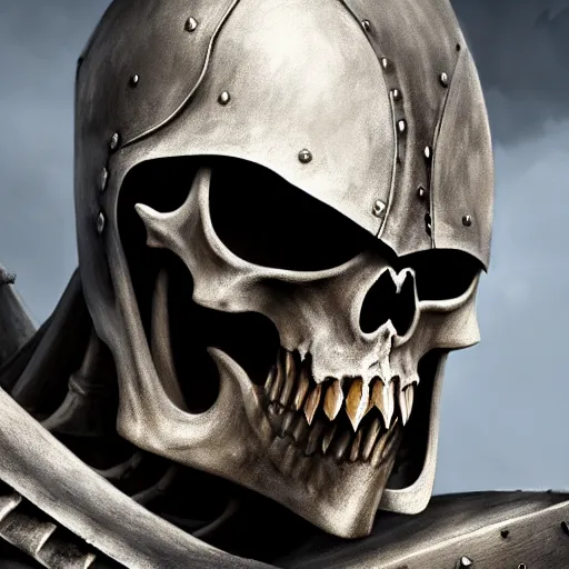 Prompt: a medieval knight slowly transforming into a skeleton, matte oil painting, concept art, dnd, clear, crisp, sharp, bones, armor, eldritch, award - winning, extremely detailed, 4 k, 8 k