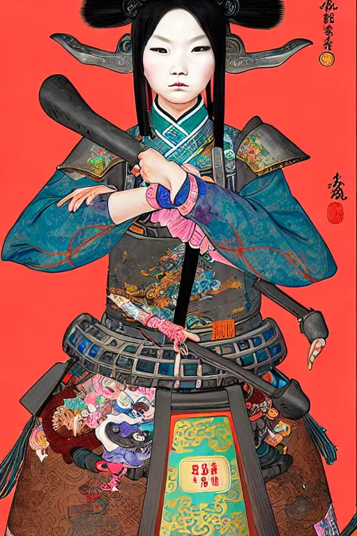 Image similar to full view, from a distance, of anthropomorphic trashcan as a girl warrior from the qing dynasty, full of trash, style of yoshii chie and hikari shimoda and martine johanna, highly detailed