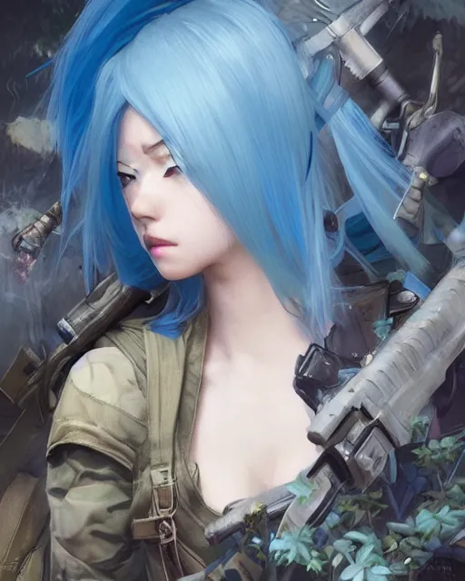 Prompt: stunningly beautifuljapanese girl with blue hair, fantasy art, military girl, army girl outfit, soldier helmet, jungle background, dark light night, sharp focus, digital painting, 8 k, concept art, art by wlop, artgerm, greg rutkowski and alphonse mucha