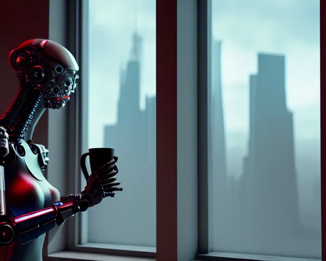 Prompt: armored female with biomechanical cybernetic body is drinking coffee near a window with dystopian city visible outside. very detailed 8 k. cyberpunk fantasy style. unreal engine render. global illumination. nanite. rtx. path tracing.