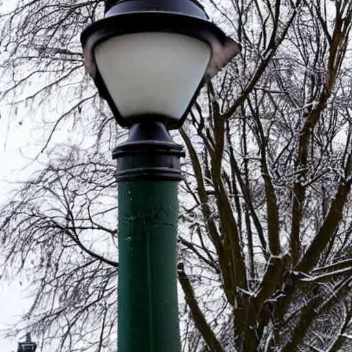 Prompt: A photo of a cat that has its tongue stuck to a lamp post due to the freezing cold.