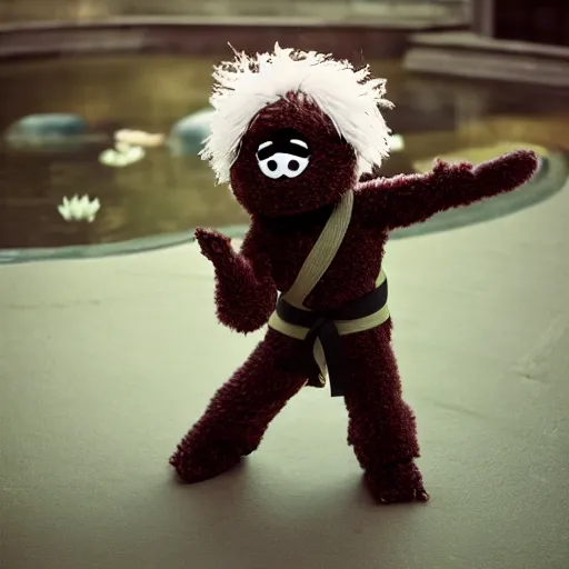 Prompt: a fluffy chocolate brown karate loving muppet bunny wearing cool black ninja clothes with a red belt and practicing her karate out in nature by a koi pond, photorealistic, photography, ambient occlusion, rtx, national geographic, sesame street