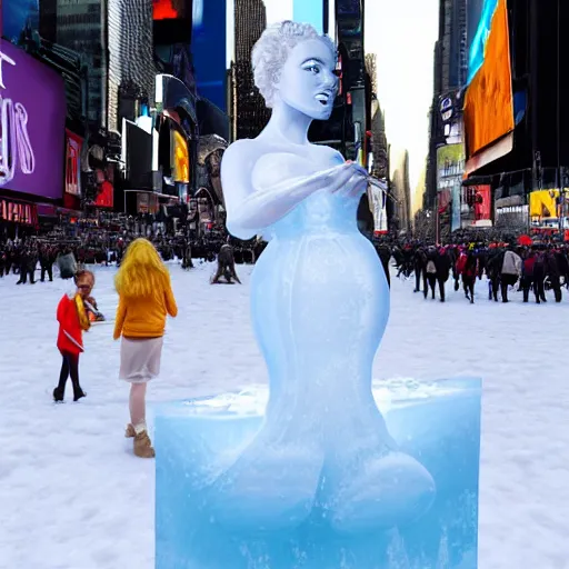 Prompt: margot robbie ice sculpture in times square, photorealistic, 8 k resolution, high detail