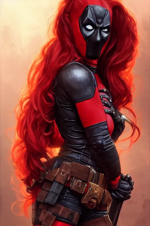 Image similar to portrait of a girl wearing deadpool costumes, upper body, red hair, long hair, d & d, fantasy, fierce, sharp features, intricate, elegant, highly detailed, digital painting, artstation, concept art, matte, sharp focus, illustration, art by artgerm and greg rutkowski and alphonse mucha