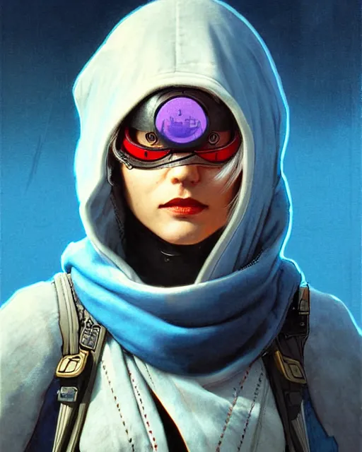 Prompt: ana from overwatch, eye patch, white hair, hooded blue cloak, character portrait, portrait, close up, concept art, intricate details, highly detailed, vintage sci - fi poster, in the style of chris foss, rodger dean, moebius, michael whelan, and gustave dore