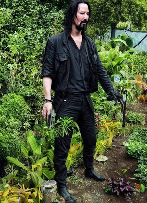 Image similar to solarpunk keanu reeves working in a garden, cyberpunk 2 0 7 7 wake up samurai, solarpunk, lots of plants, gardening, permaculture, anarchy, realistic, ultra detailed