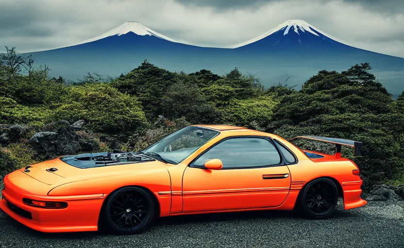 Prompt: a stylistic photo of a modified rx 7 in mount fuji early in the morning | jdm | japanese