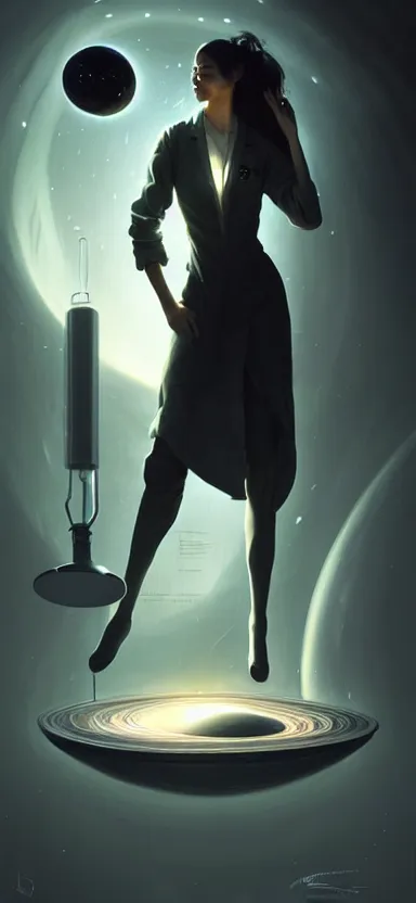 Image similar to a portrait art of a beautiful female scientist in a laboratory holding a small black hole in her hands, inspired art by istvan sandorfi and greg rutkowski, concept art, stylised, elegant, illustration, high quality, highly detailed, long hair, digital art, futuristic art style, artstation