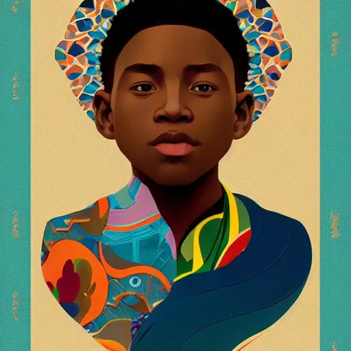 Image similar to colourful upper half portrait of an african boy - in japan graphic design illustration style, art by hsiao - ron cheng & alphonse mucha, highly detailed, digital painting, illustration, smooth, sharp focus, intricate, symmetry, pinterest, behance,