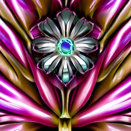 Prompt: a cybertronic, metallic, reflective orchid flower, high detail