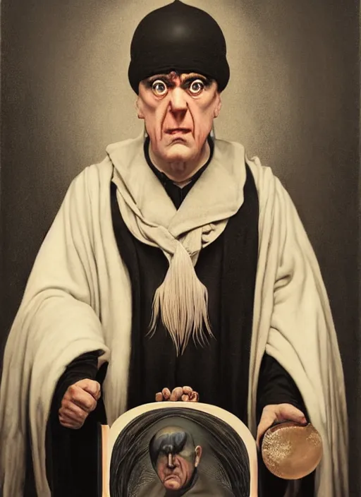 Image similar to moe howard as aleister crowley the grand mage of thelema. art by tom bagshaw and greg danton and manuel sanjulian