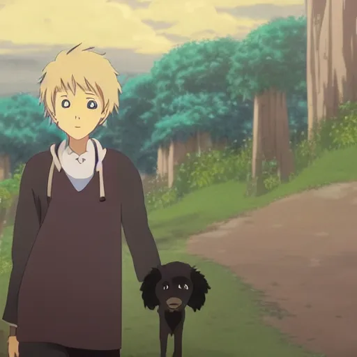 Prompt: guy with a pet in anime made by studio ghibli beautiful scene, smooth, detailed, detailed face, 8k