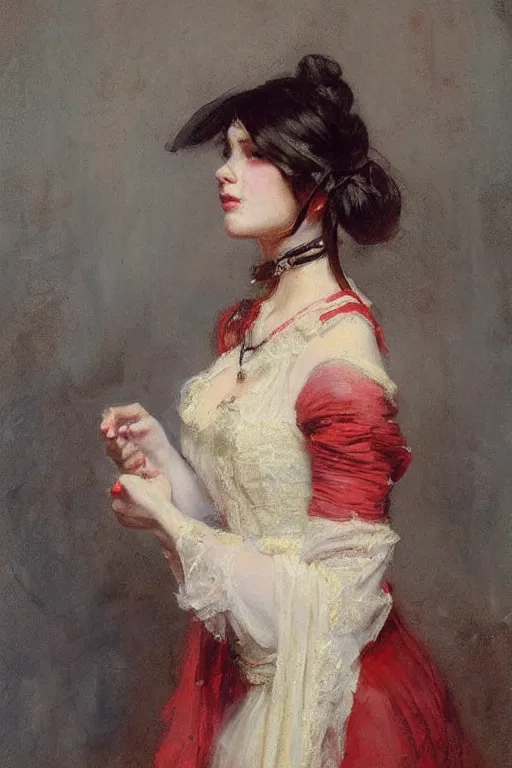 Prompt: Solomon Joseph Solomon and Richard Schmid and Jeremy Lipking victorian genre painting full length portrait painting of a young beautiful woman french courtesan in fantasy costume, red background