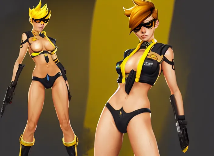 Prompt: tracer game character, in yellow bikini thong yellow, blonde hair, black eyes, full height