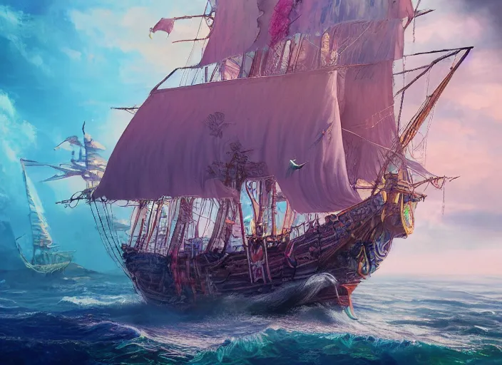 Image similar to detailed concept art illustration colorful pastel painting of a pirate ship on the ocean in full intricate sails and water, ultra detailed, digital art, octane render, 4K, dystopian, micro details