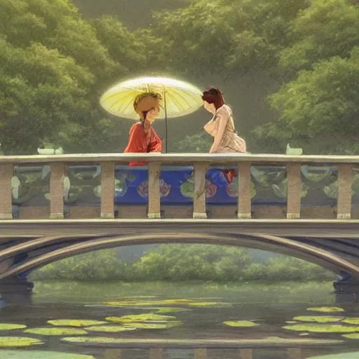 Prompt: a couple sitting on the bridge close to the river with a lot of water lily made by studio ghibli highly detailed, digital painting, artstation, concept art, smooth, sharp focus, illustration, art by artgerm and greg rutkowski and alphonse mucha