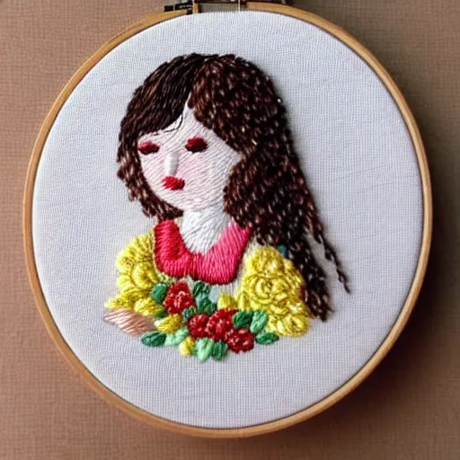 Image similar to a tiny beautiful handmade embroidery of a little girl with brown curly hair. hand embroidery.