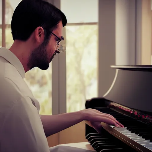 Image similar to a photorealistic photograph of a tall and handsome kidney transplant expert playing the piano. Trending on Artstation, featured on Behance, well-rendered, Unreal Engine, 4K HD