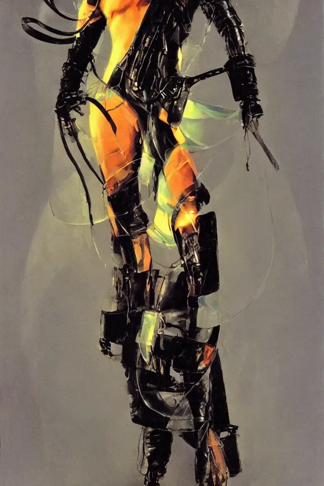 Prompt: androgynous ninja shaman tunic made of latex, radio goggles, techwear, iridiscent light, high key, cinematic lighting at night, neon, phil hale, boris vallejo, syd mead, masterpiece