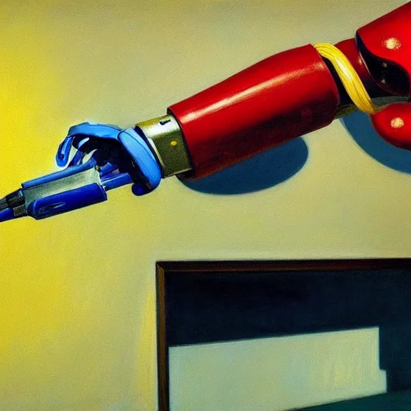 Image similar to a beautiful illustration of a robotic arm holding a paintbrush in front of a canvas by Edward Hopper, clean lines, very detailed, colorful octane render