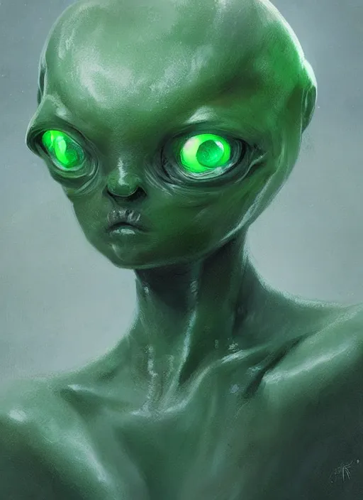 Image similar to portrait of my ethereal waifu cute innocent green slimy alien creature with adorable uwu eyes painted by greg rutkowski, wlop,,