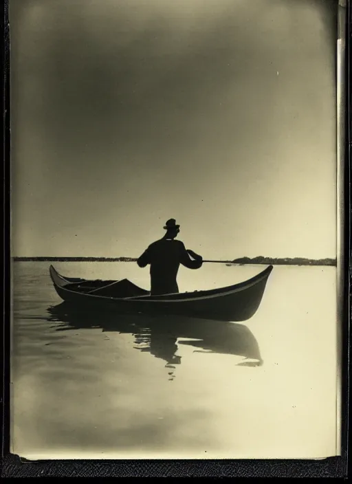 Prompt: a man rowing a rowboat, flash polaroid photo by george hurrell, hazy light rays