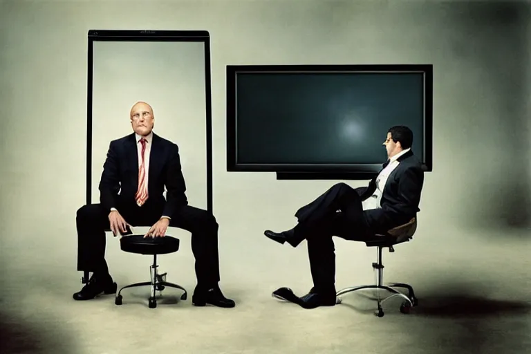 Prompt: a business man with a tv set for a head, annie liebovitz photography