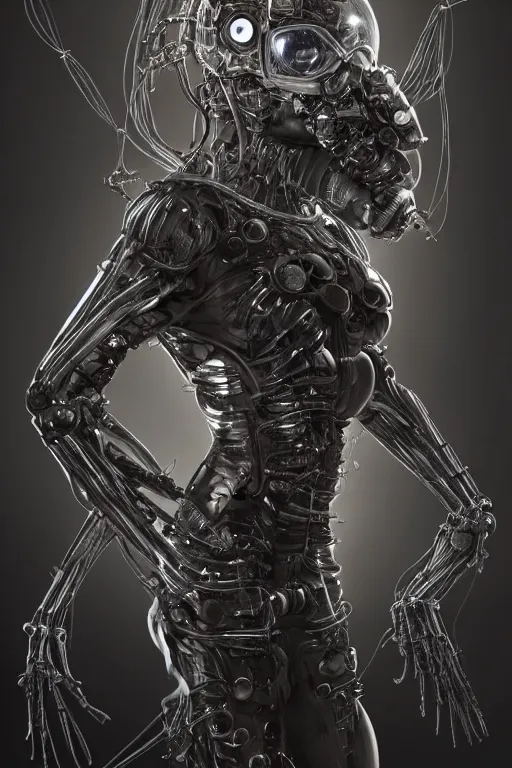 Image similar to a girl in a closed helmet in a biopunk costume consisting of swollen muscles, tendons, bones joints, protruding pistons. masterpiece 4k digital illustration by Scott M. Fischer, award winning, Artstation, Akira aesthetic, black background, intricate details, realistic, Hyperdetailed, 8k resolution